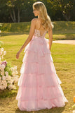 Strapless Pink Corset Tiered Bowed Prom Dress