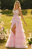 Strapless Pink Corset Tiered Bowed Prom Dress