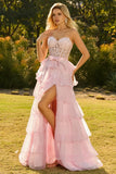 Strapless Pink Corset Tiered Bowed Prom Dress