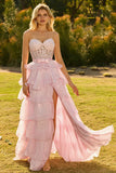 Strapless Pink Corset Tiered Bowed Prom Dress