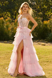 Strapless Pink Corset Tiered Bowed Prom Dress