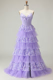 Strapless Purple Corset Tiered A-Line Prom Dress With Slit