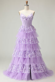 Strapless Purple Corset Tiered A-Line Prom Dress With Slit