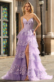 Strapless Purple Corset Tiered A-Line Prom Dress With Slit