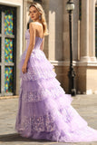 Strapless Purple Corset Tiered A-Line Prom Dress With Slit