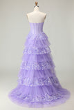 Strapless Purple Corset Tiered A-Line Prom Dress With Slit