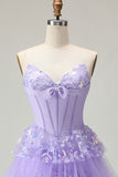 Strapless Purple Corset Tiered A-Line Prom Dress With Slit
