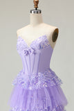 Strapless Purple Corset Tiered A-Line Prom Dress With Slit