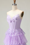 Strapless Purple Corset Tiered A-Line Prom Dress With Slit