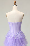 Strapless Purple Corset Tiered A-Line Prom Dress With Slit