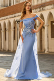 Off The Shoulder Grey Blue Mermaid Appliqued Mother Of the Bride Dress
