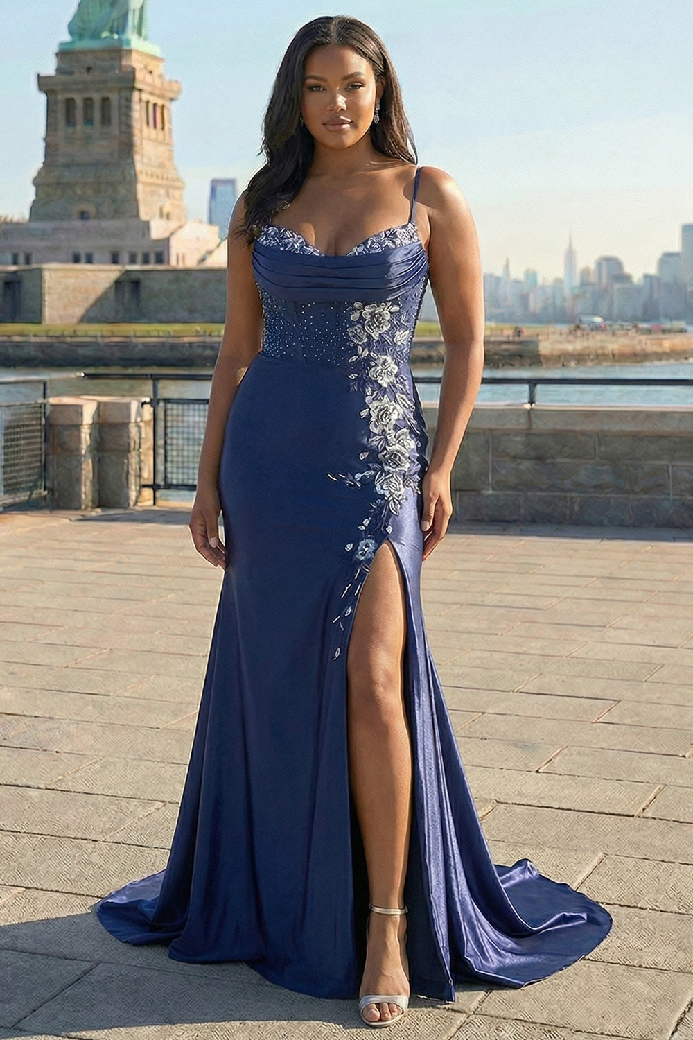 Berylove Women Navy Corset Prom Dress With Slit Mermaid Plus Size Embroidered Beaded Elegant Party Dress With Lace Up Back, Navy / US24W Berylove Women Navy Corset Prom Dress With Slit Mermaid Plus Size Embroidered Beaded Elegant Party Dress With Lace Up Back, Navy / US24W