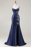 Elegant Navy Mermaid Embroidered Corset Prom Dress With Slit