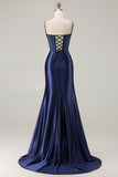 Elegant Navy Mermaid Embroidered Corset Prom Dress With Slit
