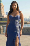 Navy Mermaid Corset Embroidered Plus Size Prom Dress