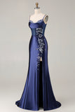 Elegant Navy Mermaid Embroidered Corset Prom Dress With Slit