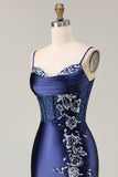 Elegant Navy Mermaid Embroidered Corset Prom Dress With Slit