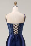 Elegant Navy Mermaid Embroidered Corset Prom Dress With Slit