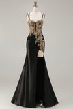 Black Mermaid Beaded Appliqued Satin Prom Dress With Slit