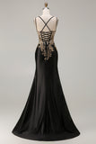 Black Mermaid Beaded Appliqued Satin Prom Dress With Slit