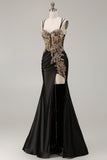 Black Mermaid Beaded Appliqued Satin Prom Dress With Slit