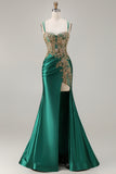 Black Mermaid Beaded Appliqued Satin Prom Dress With Slit