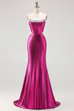 Metallic Fuchsia Strapless Corset Mermaid Prom Dress With Sequins
