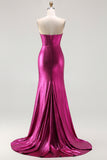 Metallic Fuchsia Strapless Corset Mermaid Prom Dress With Sequins