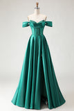 Off The Shoulder Dark Green A-Line Beaded Corset Prom Dress With Slit