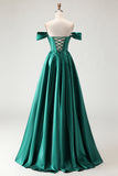 Off The Shoulder Dark Green A-Line Beaded Corset Prom Dress With Slit
