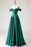 Off The Shoulder Dark Green A-Line Beaded Corset Prom Dress With Slit