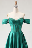 Off The Shoulder Dark Green A-Line Beaded Corset Prom Dress With Slit
