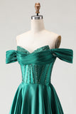 Off The Shoulder Dark Green A-Line Beaded Corset Prom Dress With Slit