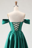Off The Shoulder Dark Green A-Line Beaded Corset Prom Dress With Slit