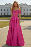 Purple Off The Shoulder A Line Beaded Satin Prom Dress