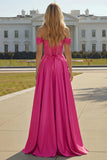 Purple Off The Shoulder A Line Beaded Satin Prom Dress