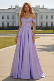 Purple Off The Shoulder A Line Beaded Satin Prom Dress