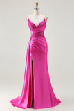 Fuchsia Mermaid Corset Satin Prom Dress With Slit