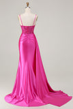 Fuchsia Mermaid Corset Satin Prom Dress With Slit