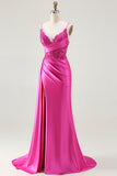 Fuchsia Mermaid Corset Satin Prom Dress With Slit