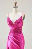 Fuchsia Mermaid Corset Satin Prom Dress With Slit