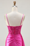 Fuchsia Mermaid Corset Satin Prom Dress With Slit