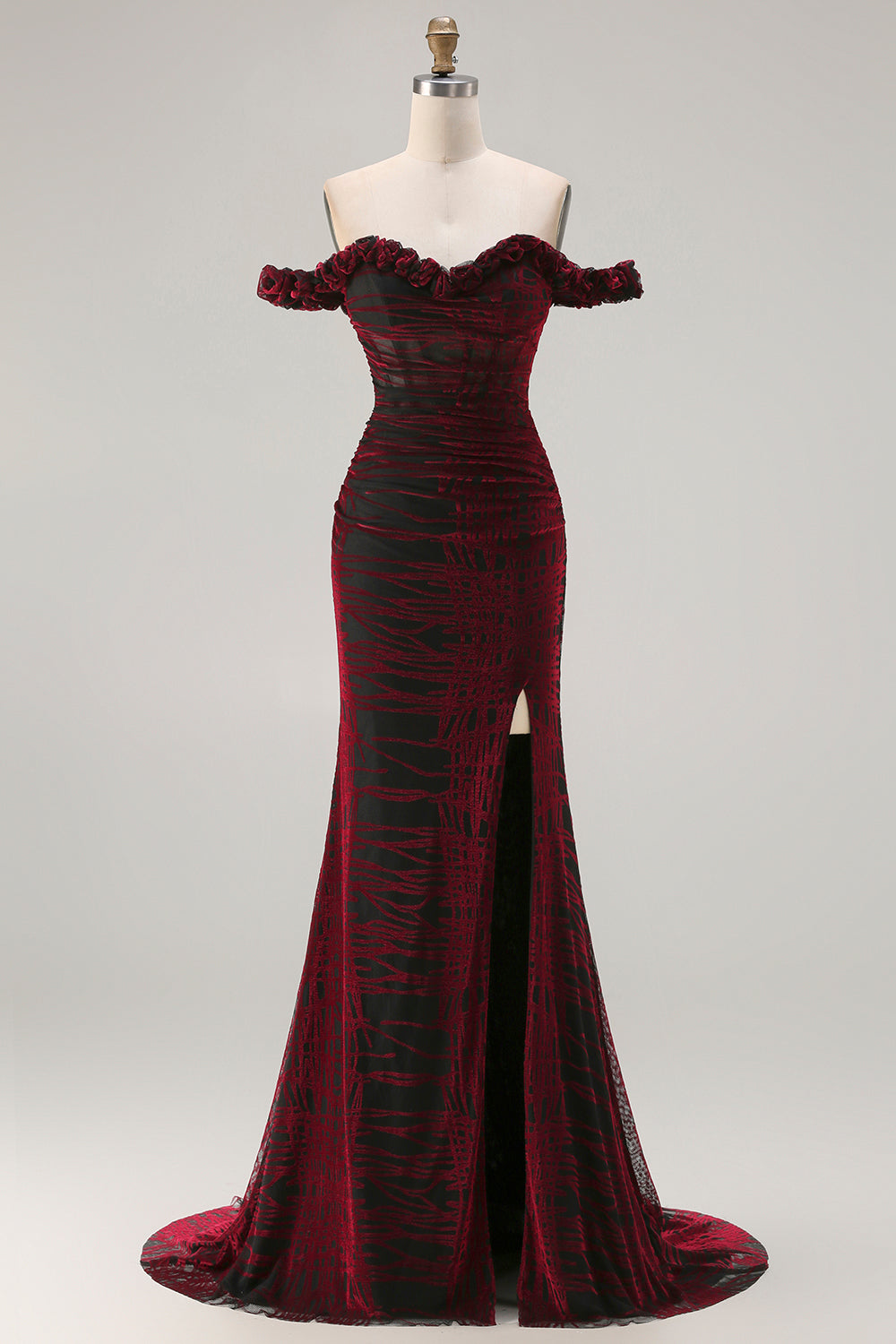 Berylove Women Burgundy Burnout Velvet Prom Dress With Slit Mermaid Off The Shoulder Corset Ruched Maxi Evening Dress, Black Red / US16W Berylove Women Burgundy Burnout Velvet Prom Dress With Slit Mermaid Off The Shoulder Corset Ruched Maxi Evening Dress, Black Red / US16W