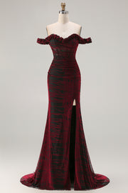 Burgundy Burnout Velvet Off The Shoulder Mermaid Prom Dress With Slit