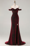 Burgundy Burnout Velvet Off The Shoulder Mermaid Prom Dress With Slit