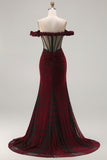Burgundy Burnout Velvet Off The Shoulder Mermaid Prom Dress With Slit