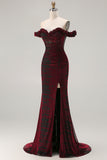 Burgundy Burnout Velvet Off The Shoulder Mermaid Prom Dress With Slit