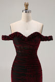 Burgundy Burnout Velvet Off The Shoulder Mermaid Prom Dress With Slit