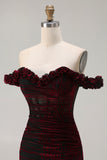 Burgundy Burnout Velvet Off The Shoulder Mermaid Prom Dress With Slit