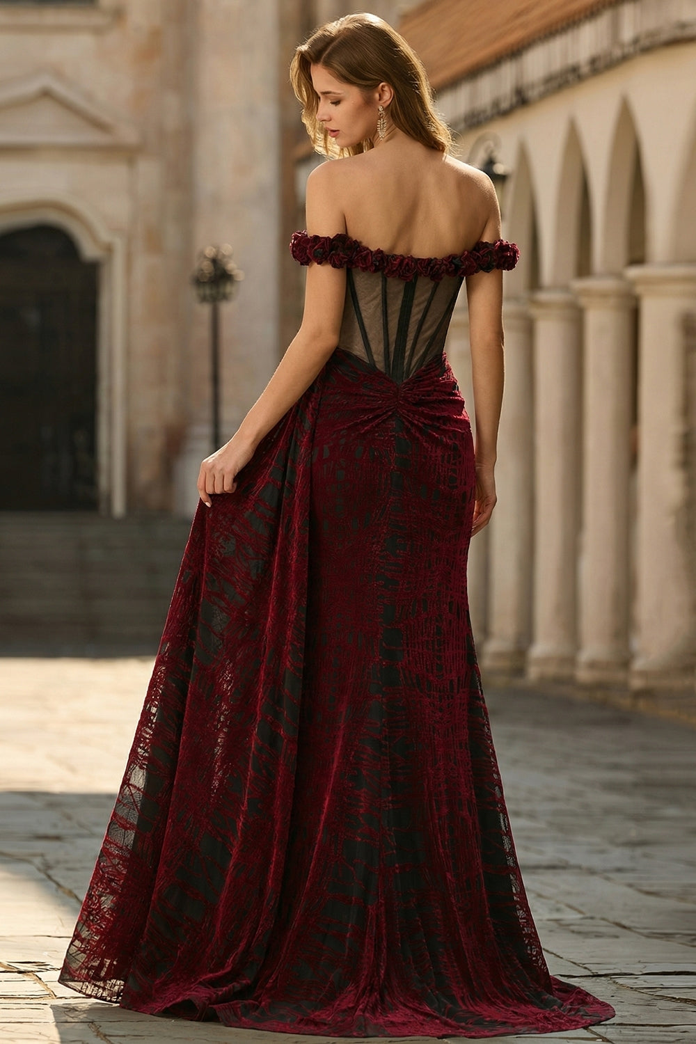 Berylove Women Burgundy Burnout Velvet Prom Dress With Slit Mermaid Off The Shoulder Corset Ruched Maxi Evening Dress Berylove Women Burgundy Burnout Velvet Prom Dress With Slit Mermaid Off The Shoulder Corset Ruched Maxi Evening Dress